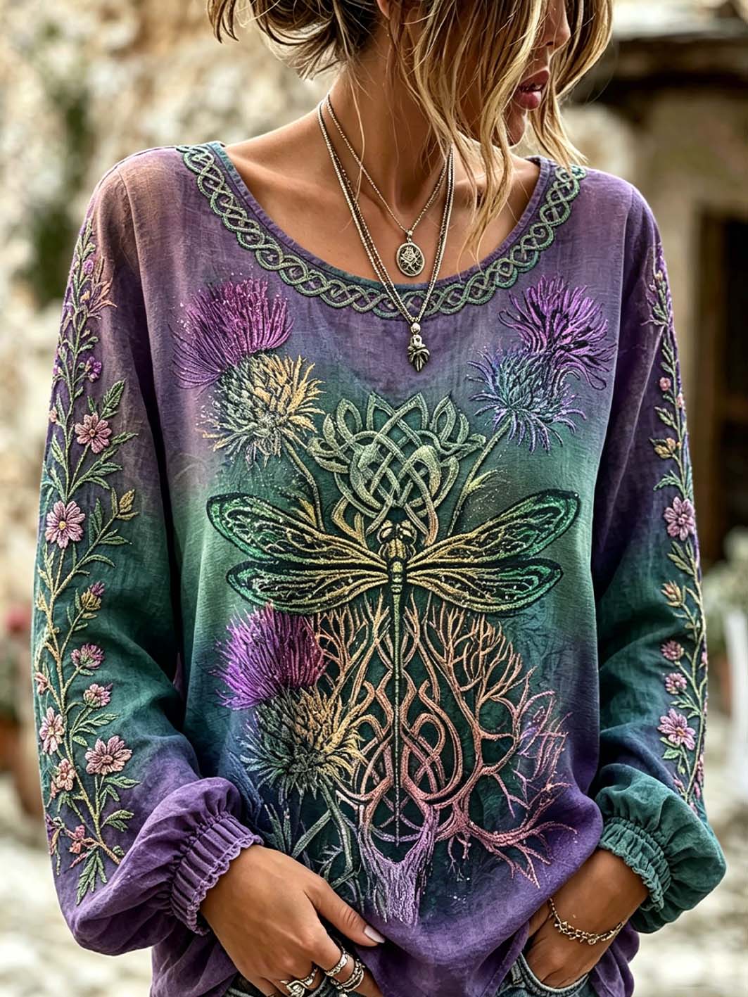 Women's retro Scottish Thistle flower and dragonfly pattern printed cotton and linen shirt
