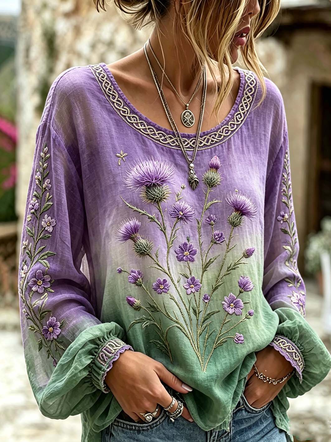 Women's retro Scottish Thistle flower pattern printed cotton and linen shirt