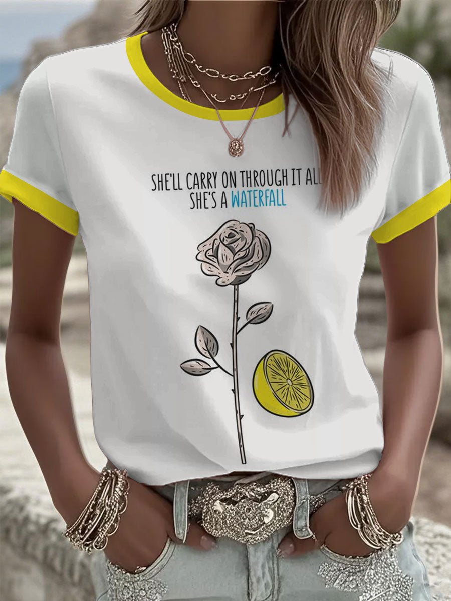 Women's Lemon Roses Music Lover Printed short-sleeved T-shirt
