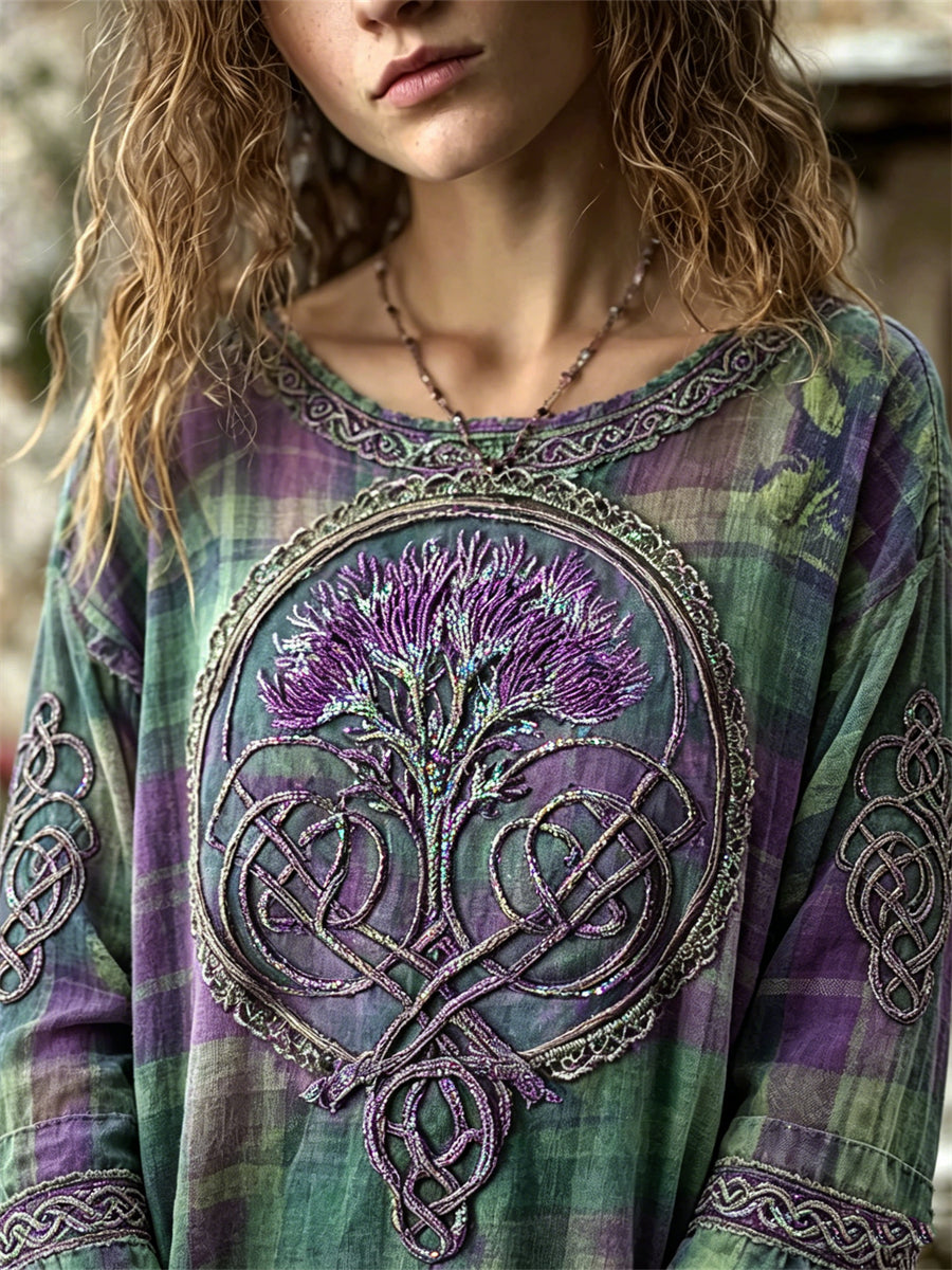 Women's Vintage Scotland Thistle Celtic Knot Tartan Print Cotton-Linen Shirt