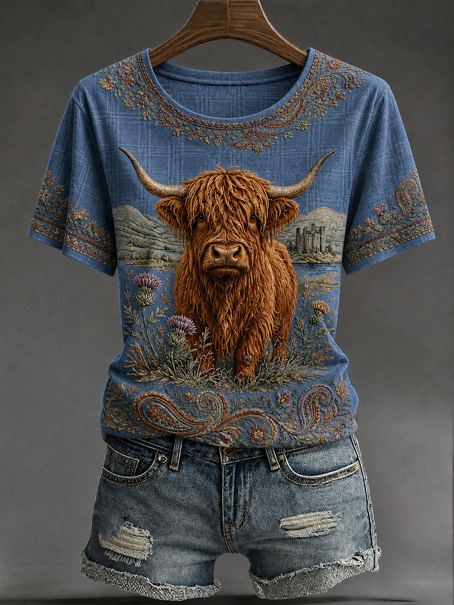 Women's Highland Denim Plaid Print T-shirt