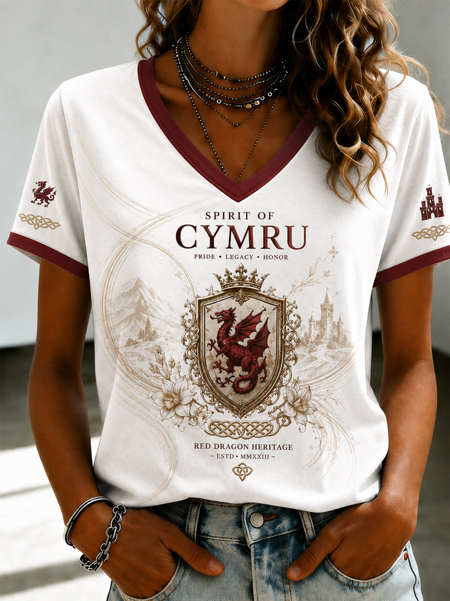 Women's Welsh Dragon Printed V-neck T-shirt
