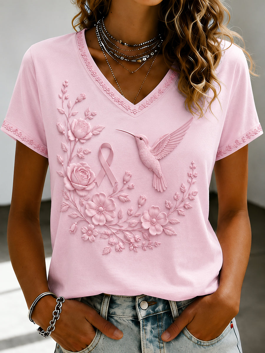 Women's Breast Cancer Pink Flowers Printed V-neck T-shirt