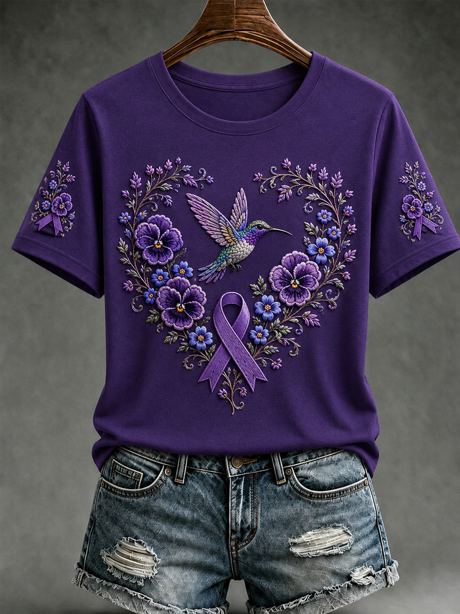 Women's Purple Floral & Hummingbird Print Alzheimer's Awareness Support Short Sleeve T-shirt