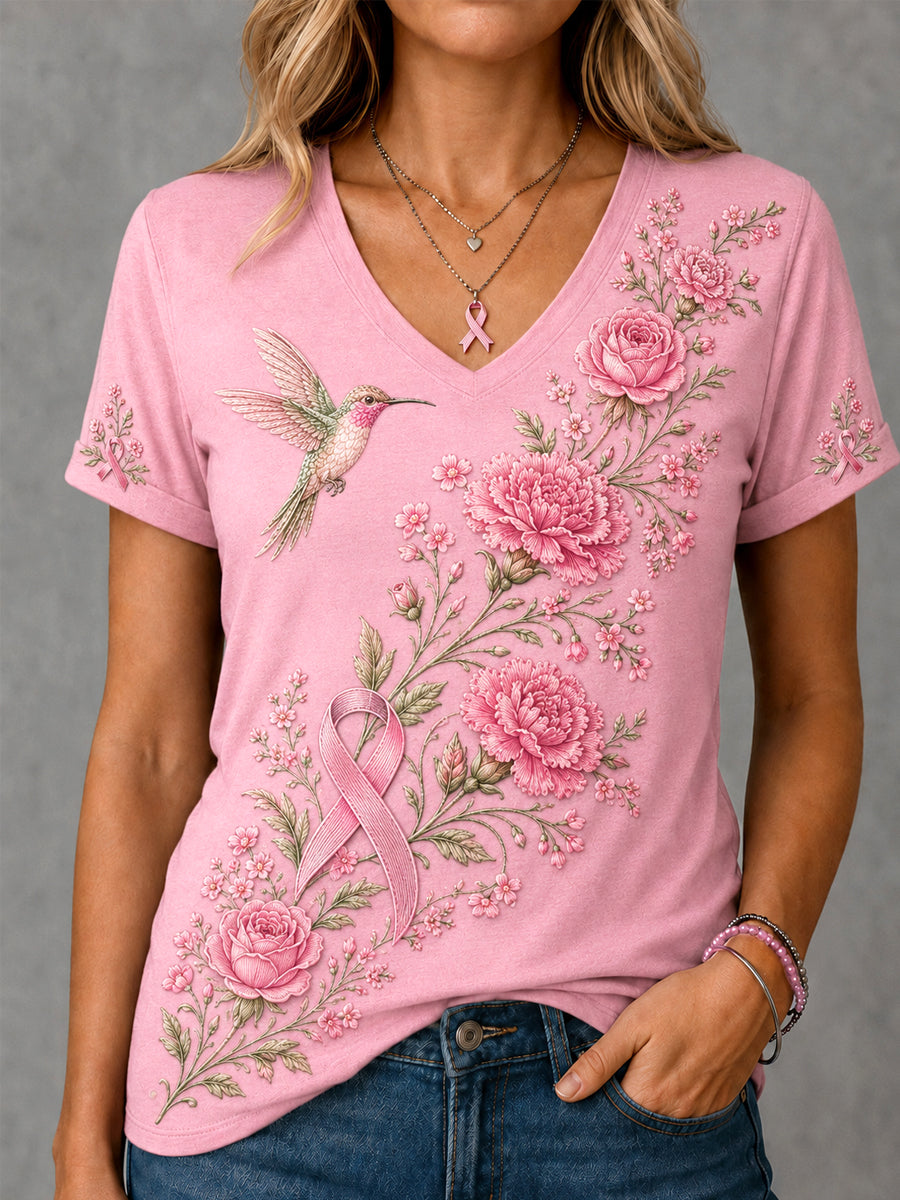 Women's Pink Floral & Hummingbird Print Breast Cancer Awareness Support V-Neck Tee
