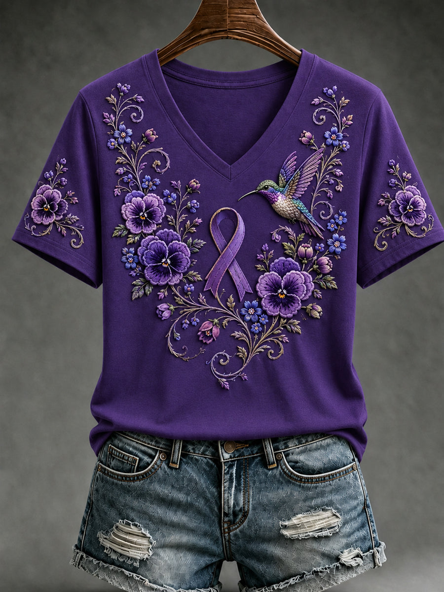 Women's Purple Floral & Hummingbird Print Alzheimer's Awareness Support V-Neck Short Sleeve T-shirt