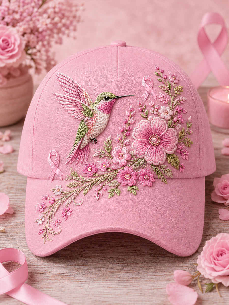 Unisex Pink Floral & Hummingbird Print Breast Cancer Awareness Support Hat
