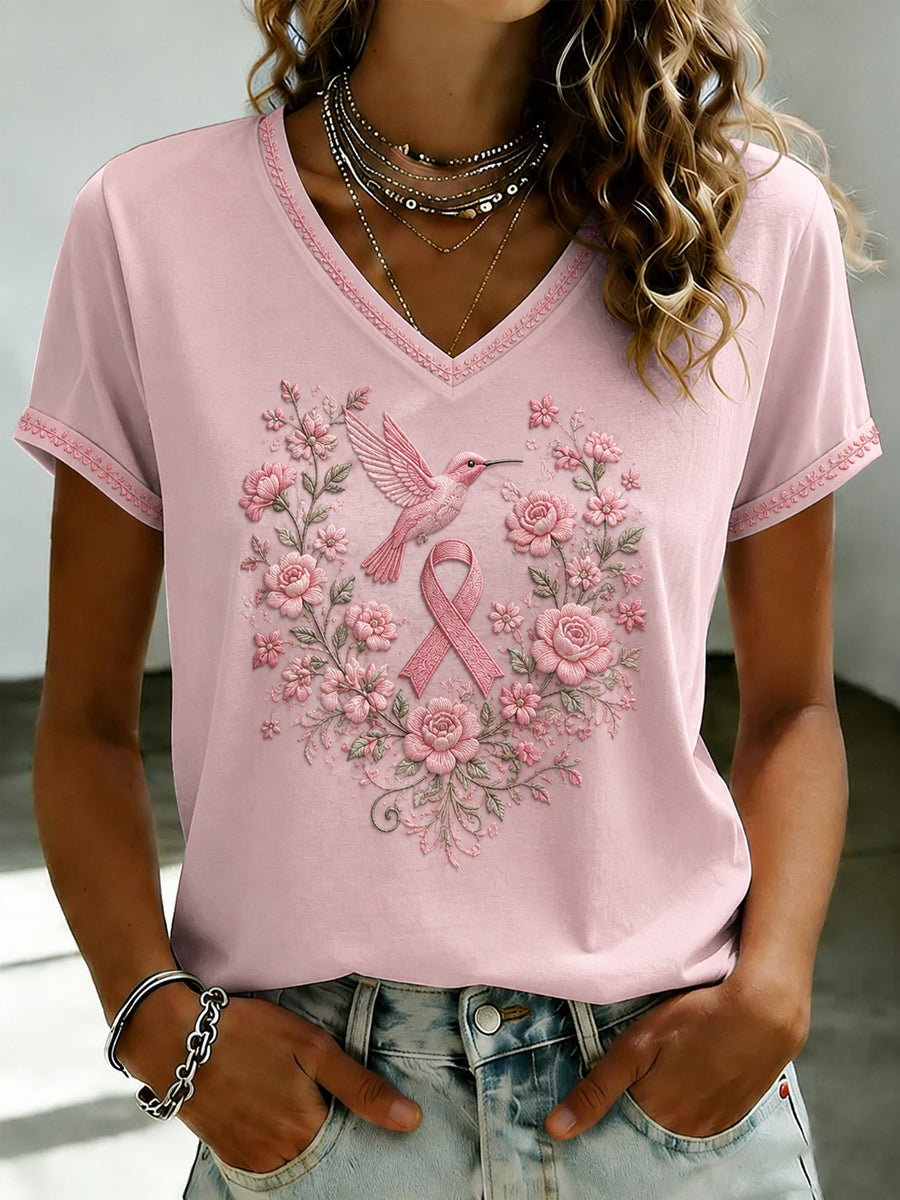Women's Breast Cancer Pink Flowers Printed V-neck T-shirt