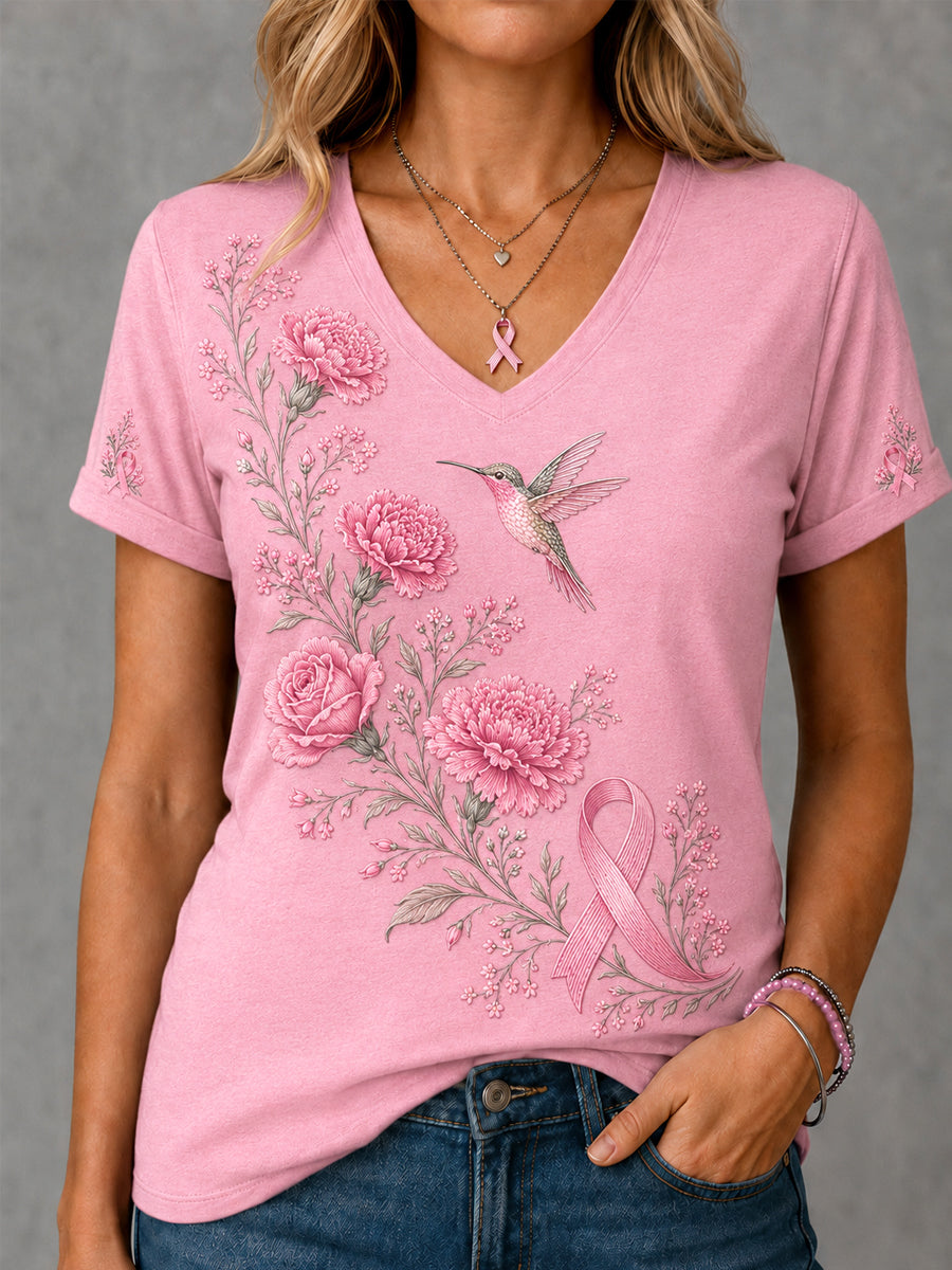 Women's Pink Floral & Hummingbird Print Breast Cancer Awareness Support V-Neck Tee