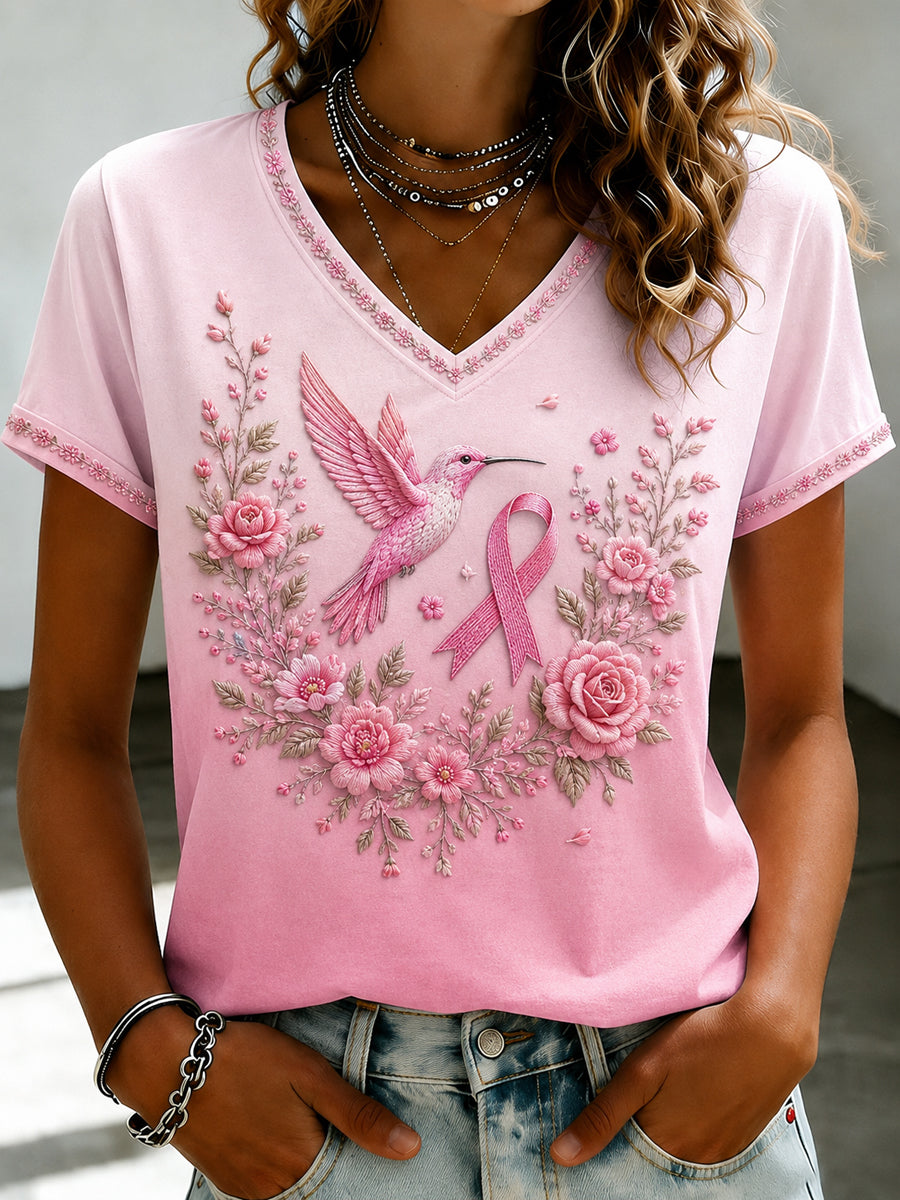 Women's Breast Cancer Pink Flowers Printed V-neck T-shirt