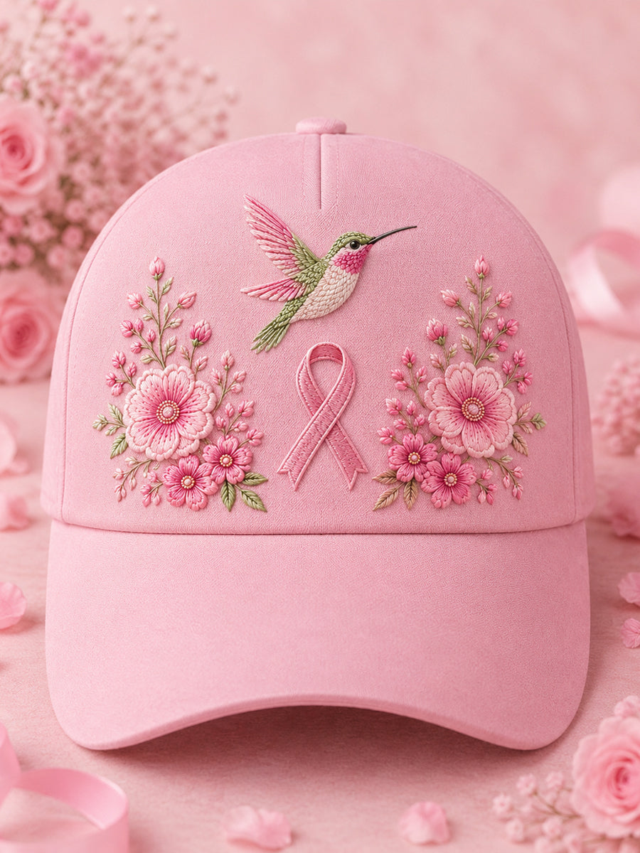 Unisex Pink Floral & Hummingbird Print Breast Cancer Awareness Support Hat