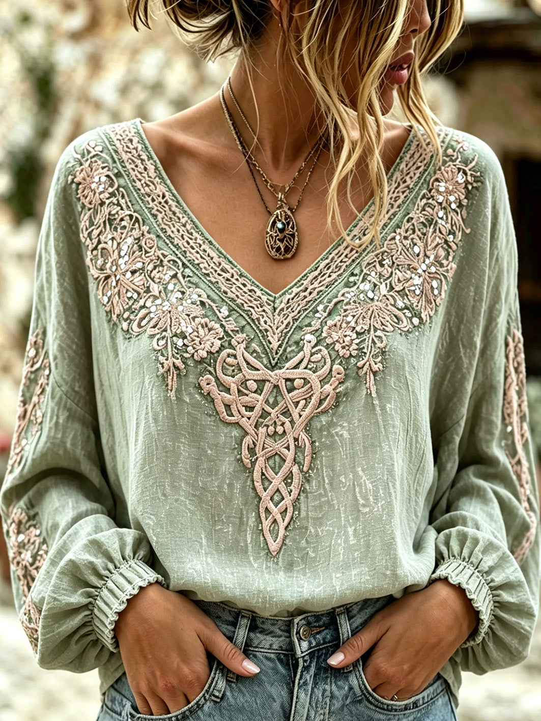 Women's Viking plant flower pattern printed casual cotton and linen shirt