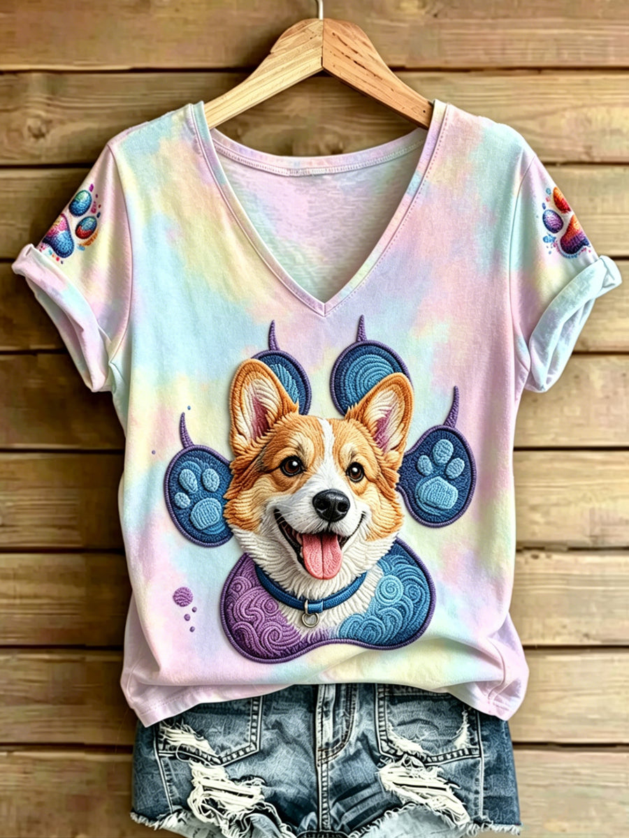 Women's Animal Dog Printed Vintage Fashion Loose Short Sleeve T-Shirt