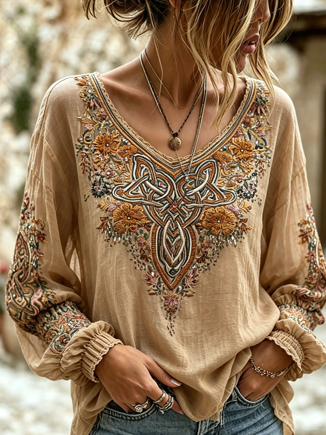 Women's retro Viking plant flower pattern printed cotton-linen shirt