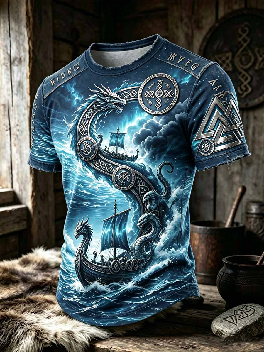 Men's Retro Viking Art Pattern Printed T-Shirt