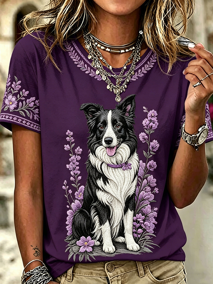 Women's Dog Border Collie Printed Vintage Fashion Loose Short Sleeve T-Shirt