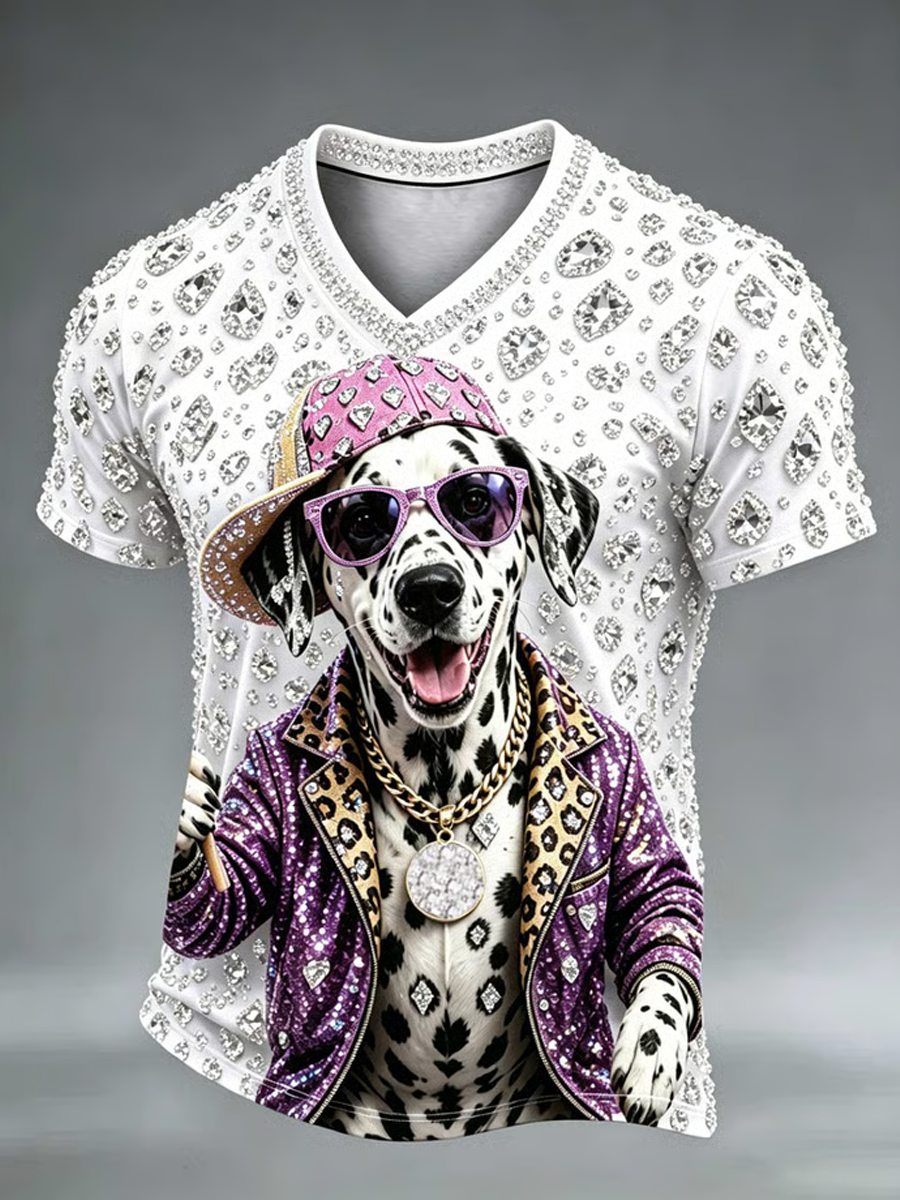 Men's Crystal-embellished dog print design V-neck T-shirt