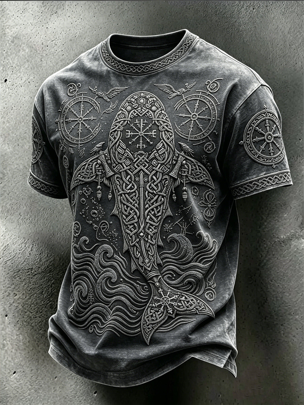 Men's Retro Viking Ocean Animal Pattern Printed Washed T-shirt