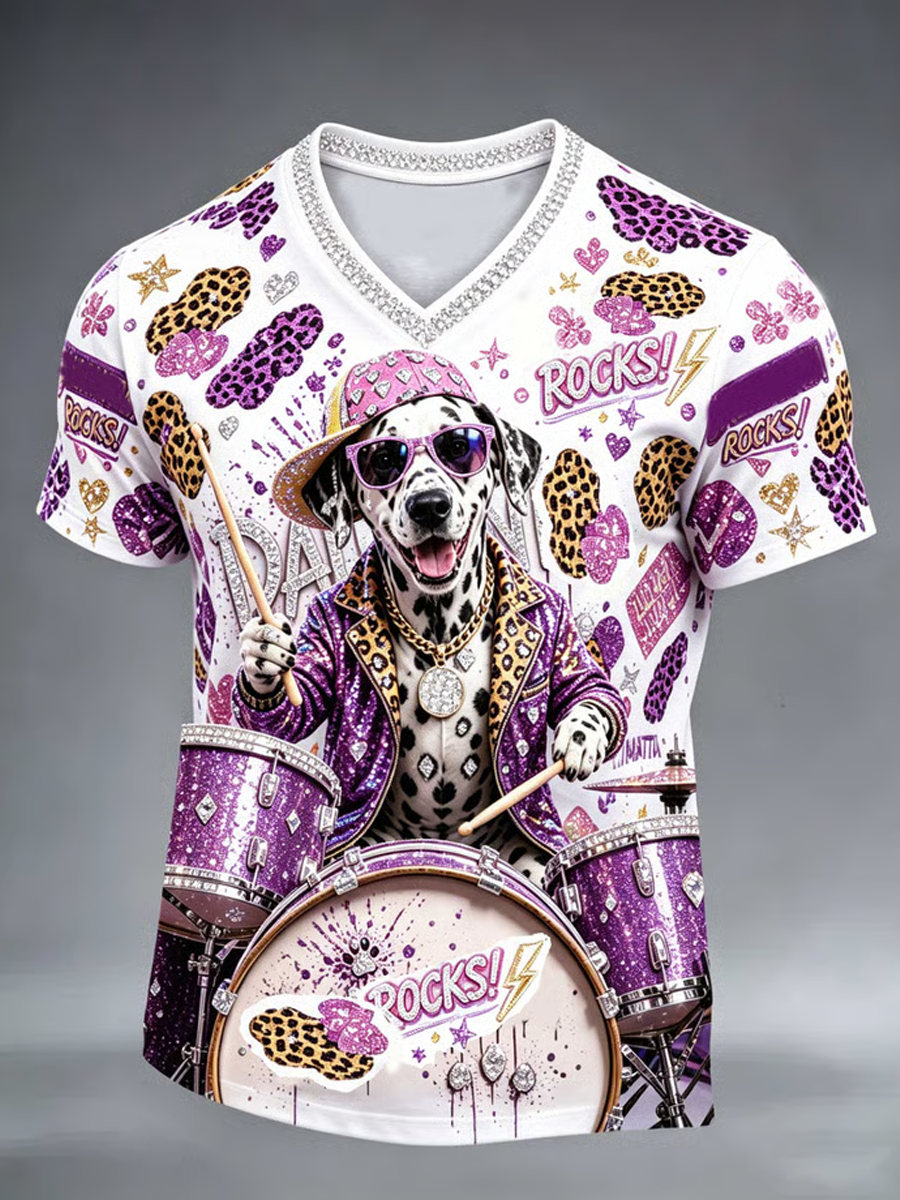 Men's Crystal-embellished dog print design V-neck T-shirt