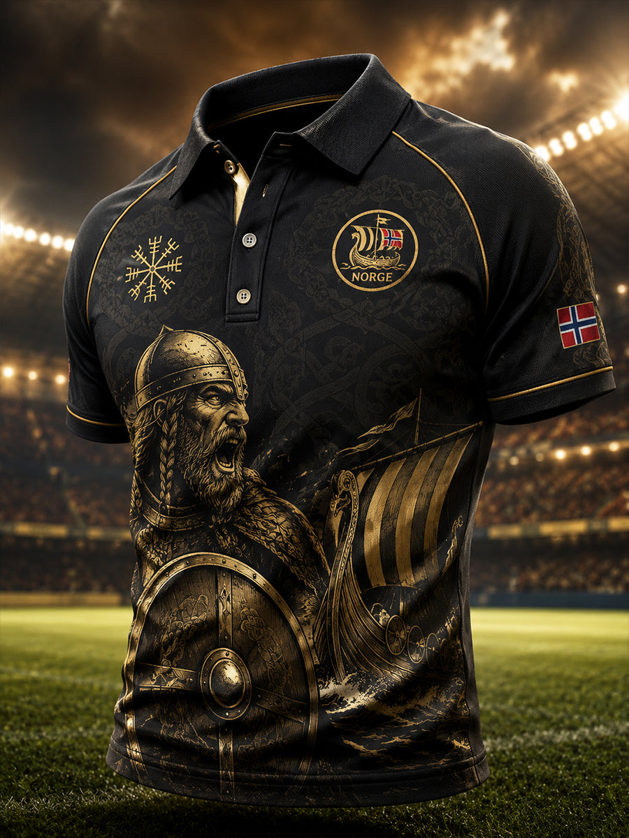 Men's Short-Sleeve Raglan Polo Shirt With Viking And Soccer-Themed Print