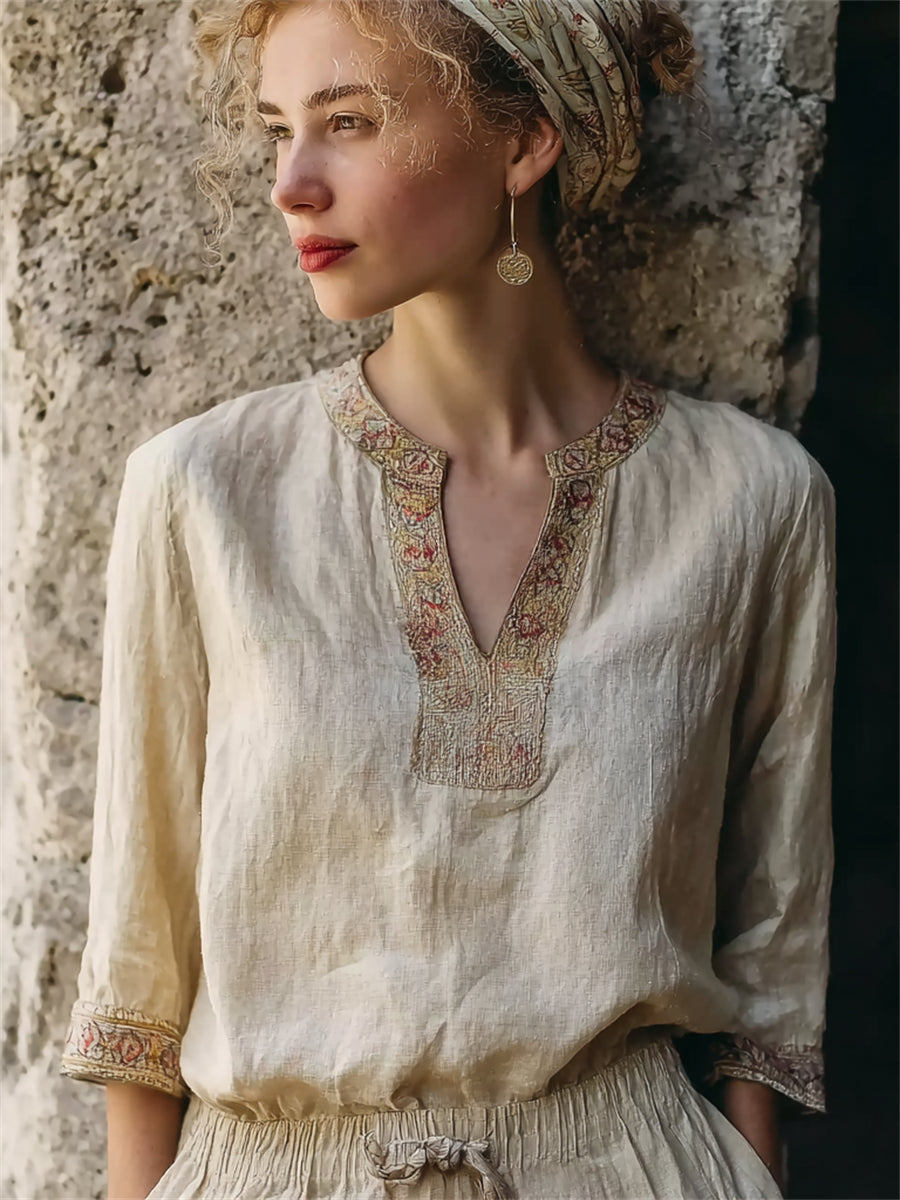 Women's Vintage Boho Bordered Notch Neck Linen Tunic