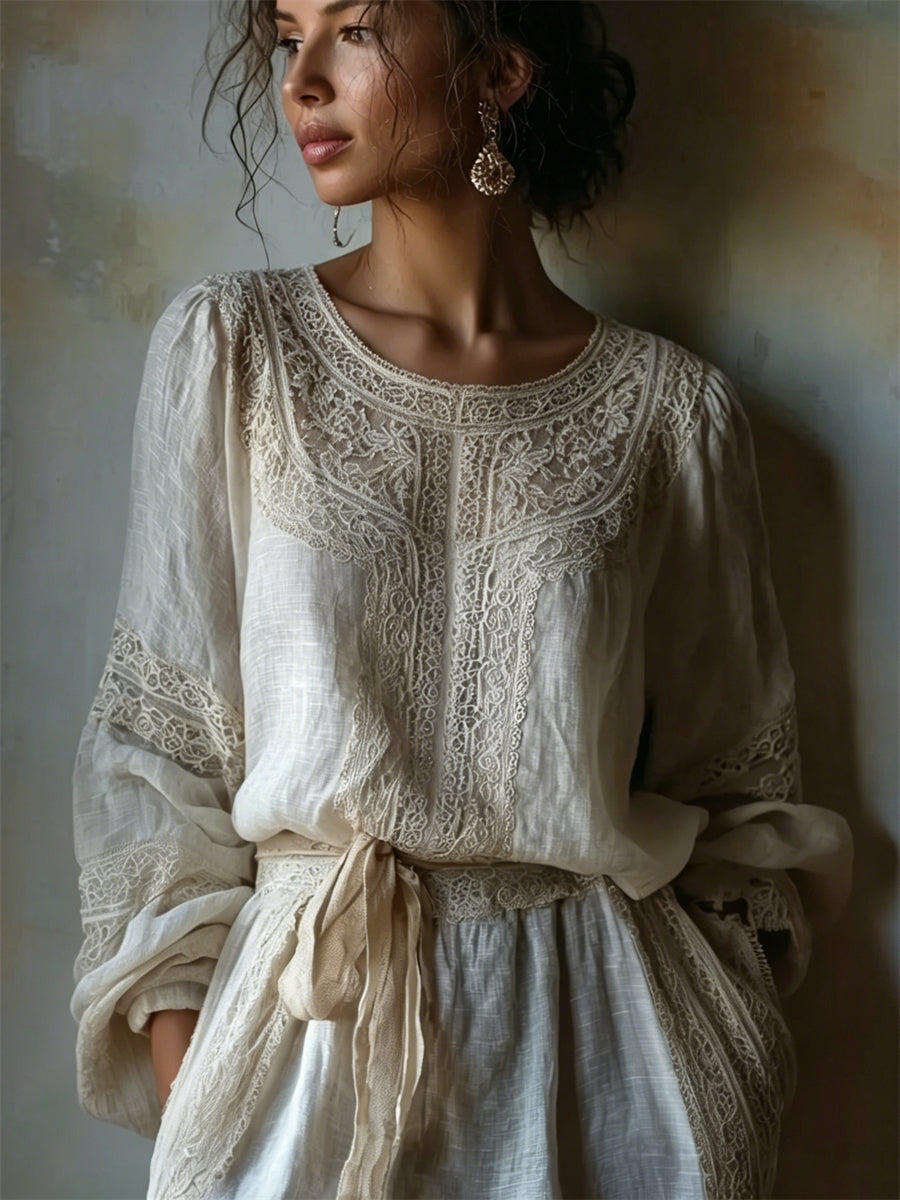 Women's Vintage Classy Floral Lace Print Puff Sleeve Linen Shirt