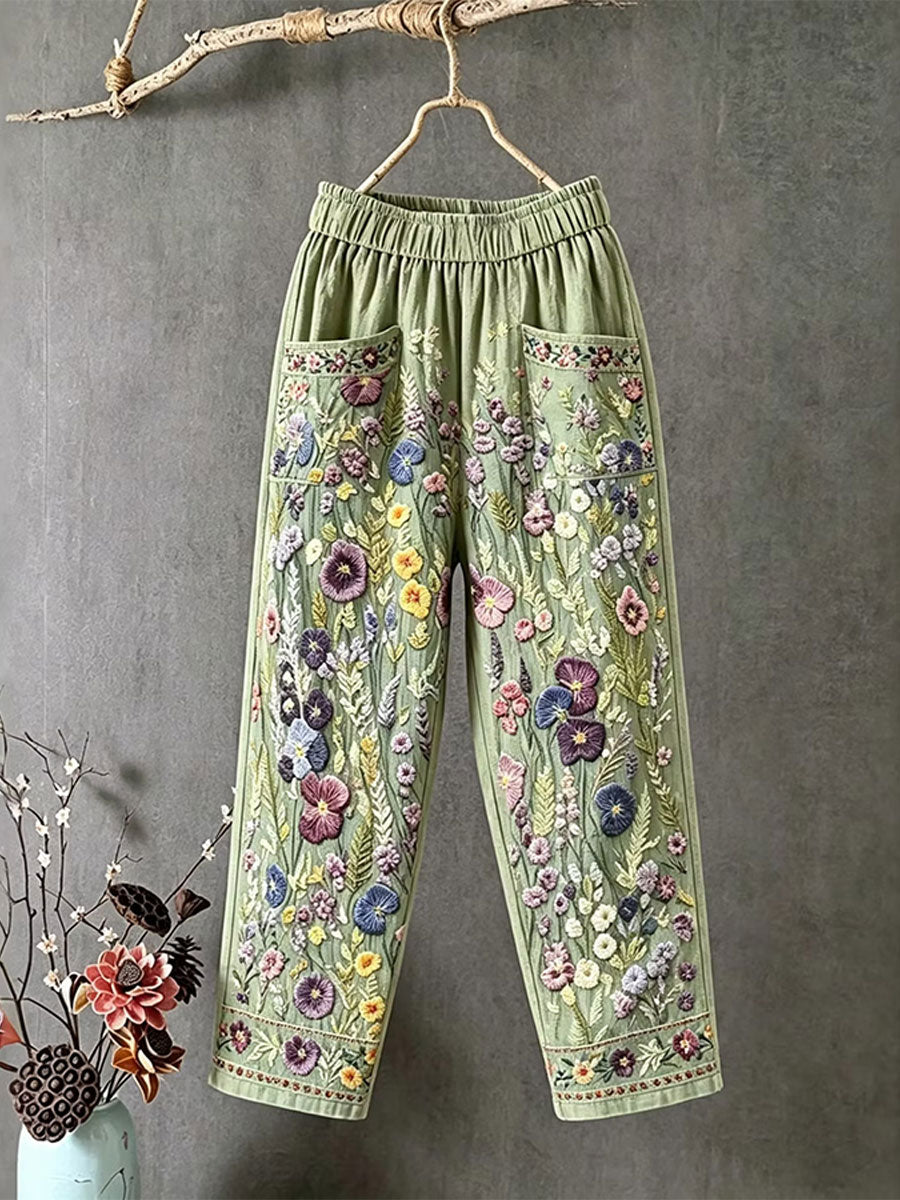 Women's Elegant Floral Cotton Linen Pants