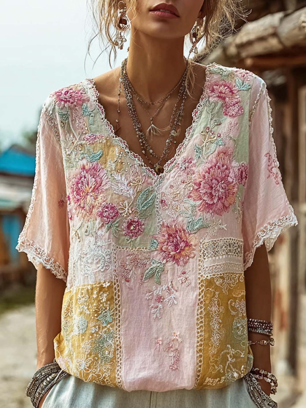 Women's retro pink floral pattern printed cotton and linen T-shirt