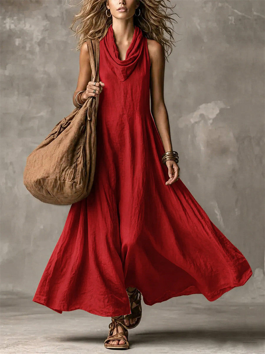 Women's Simple Cowl Neck Flowy Wide Skirted Maxi Dress