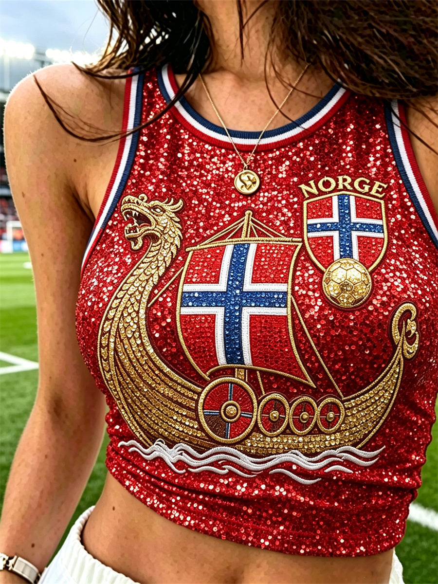 Women's Norway Football Viking Ship Flag Inspired Glitter Print Crop Tank Top