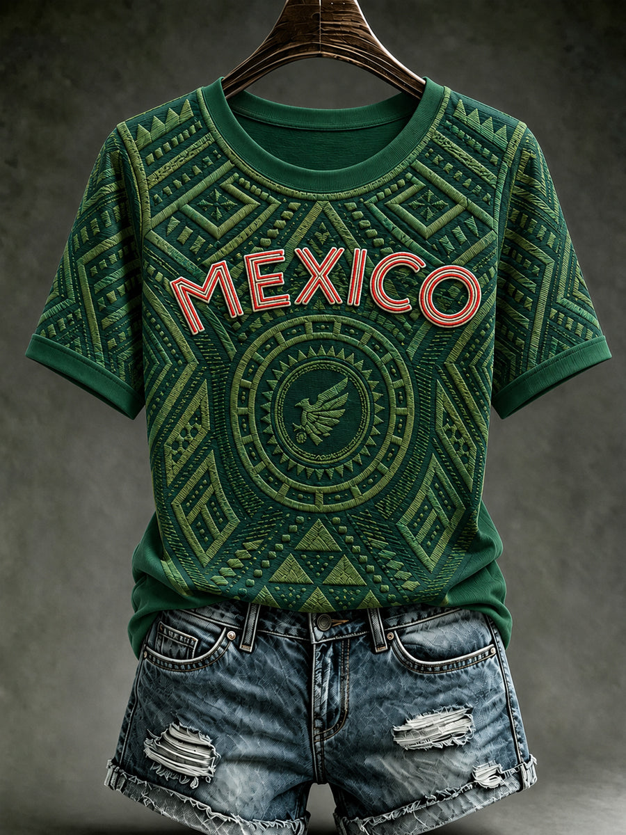 Women's Mexico Football Lover Art O-neck Short Sleeve T-shirt
