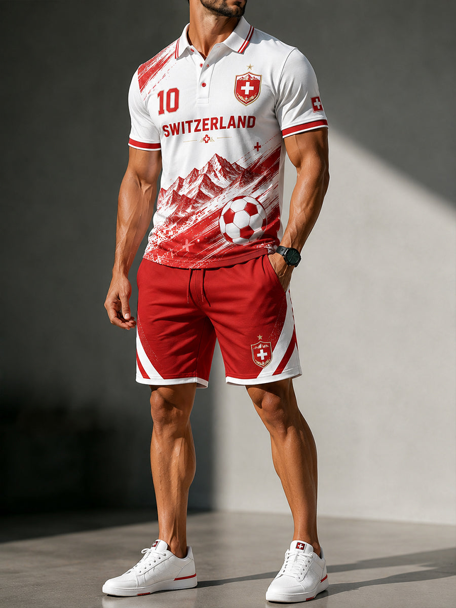 Men's Short-Sleeve Polo Shirt And Shorts Set With Soccer-Themed Print