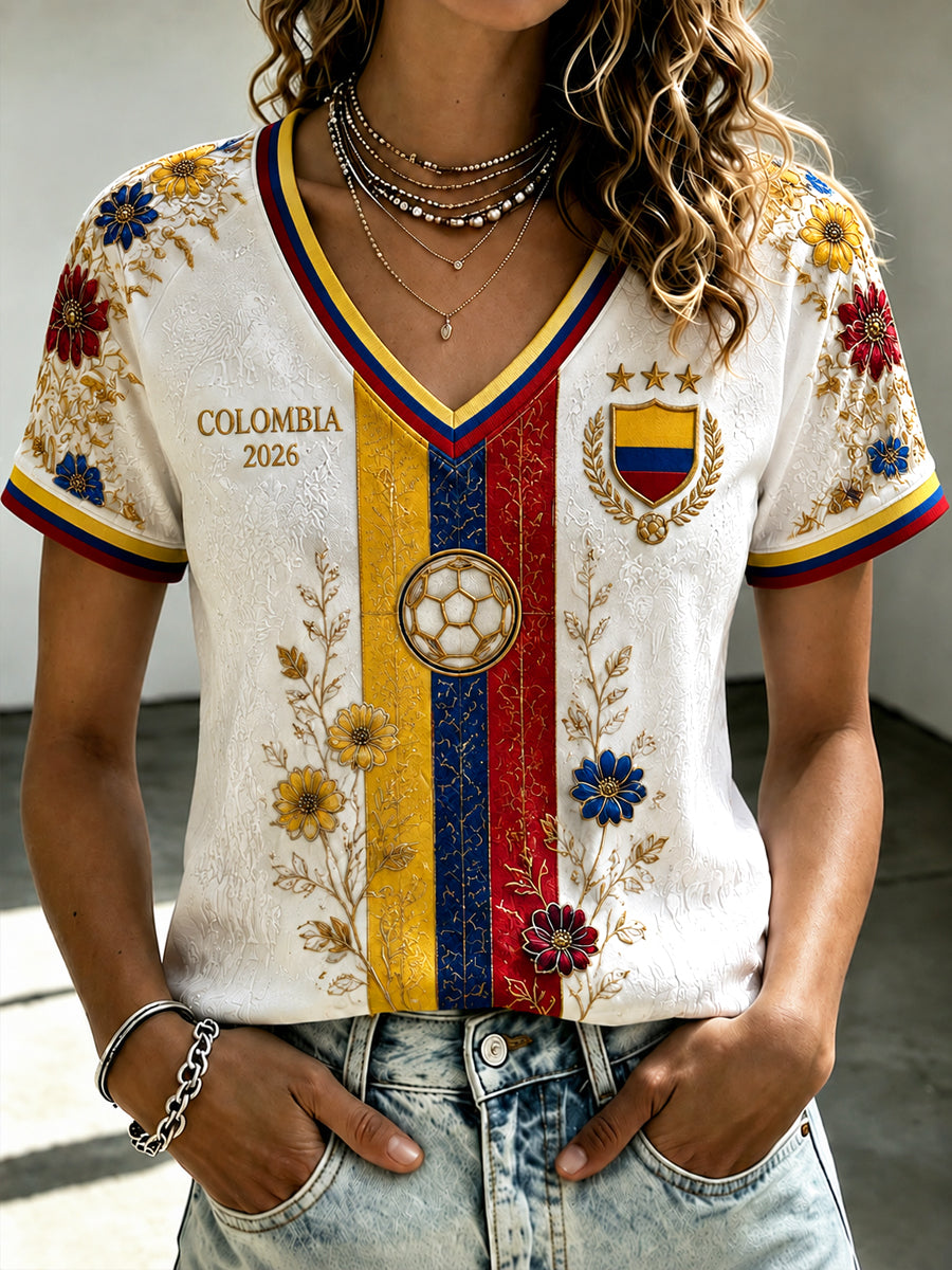 Women's 2026 Colombia Soccer Floral Casual V-Neck T-Shirt