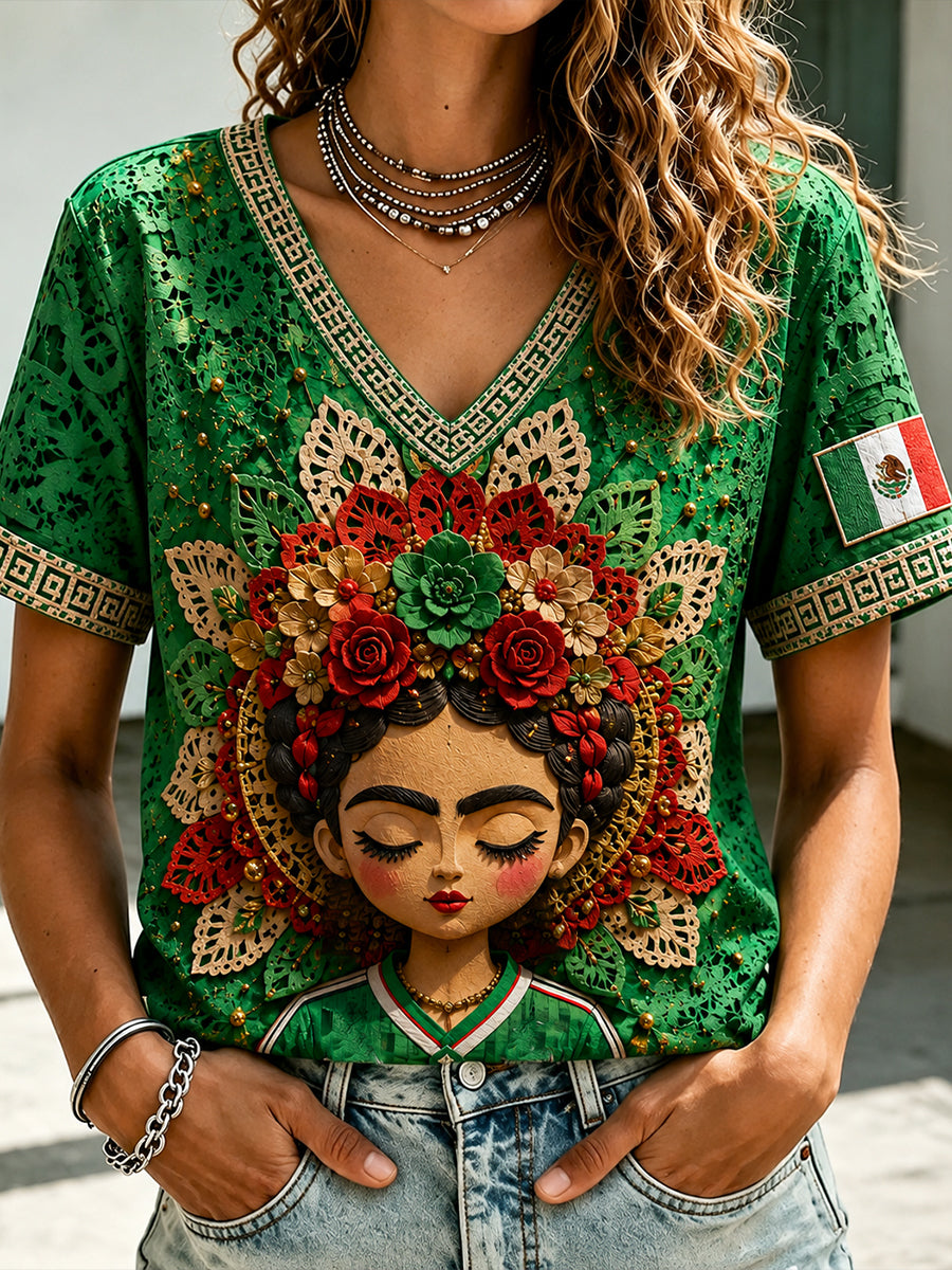 Women's Mexico Football Lover Lele Doll Art Printed T-shirt