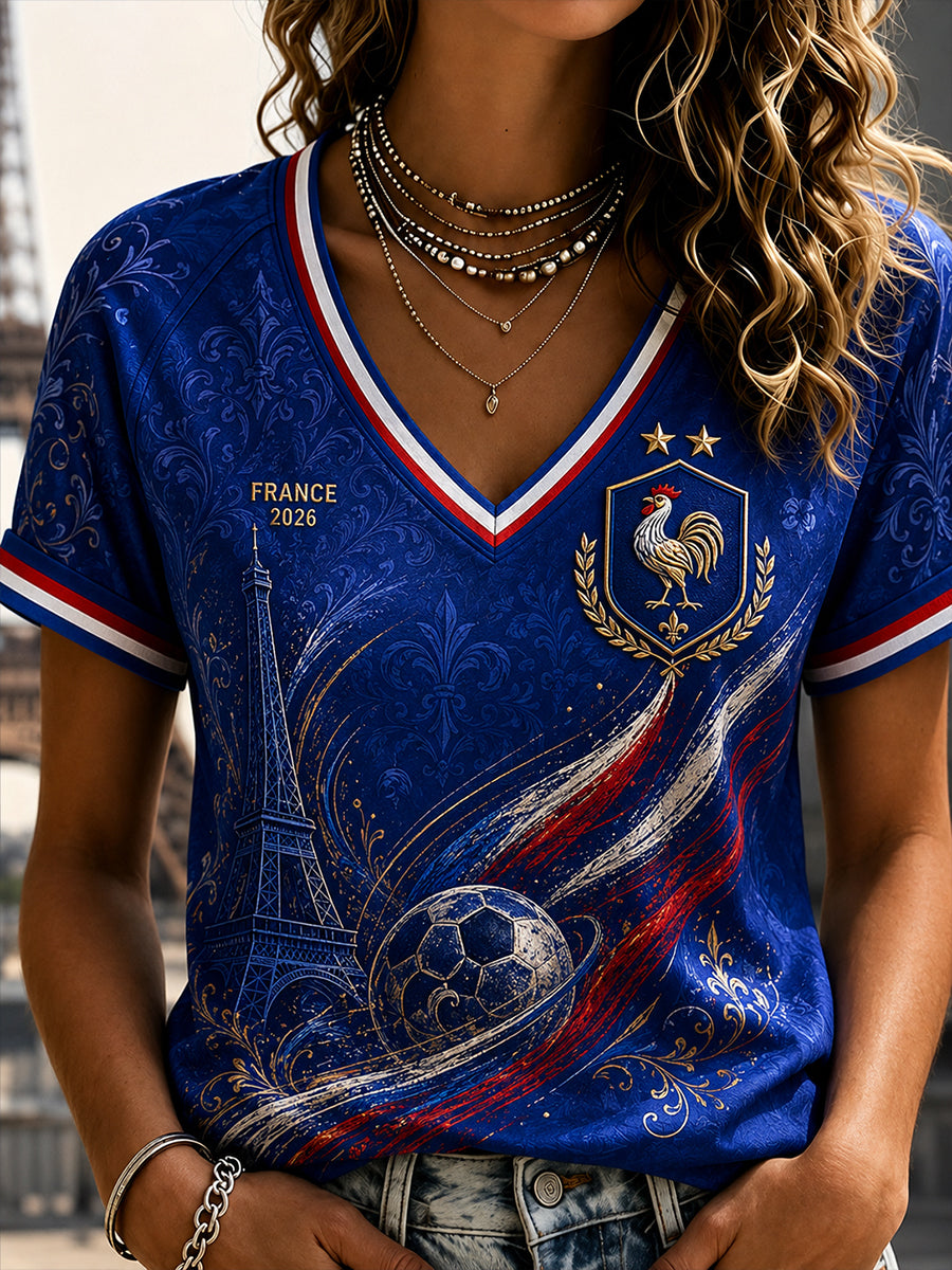 Women's France Football V-Neck Off-Shoulder Short-Sleeved T-Shirt