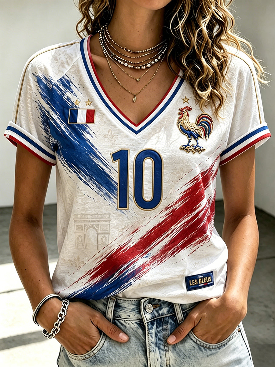 Women's French Football V-Neck Off-Shoulder Short-Sleeved T-Shirt