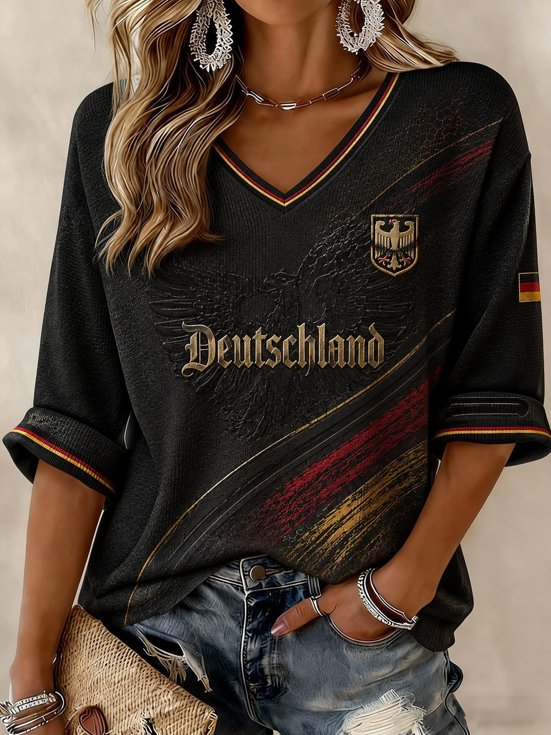 Women's Germany Football Printed Mid-length Sleeves V-neck T-shirt