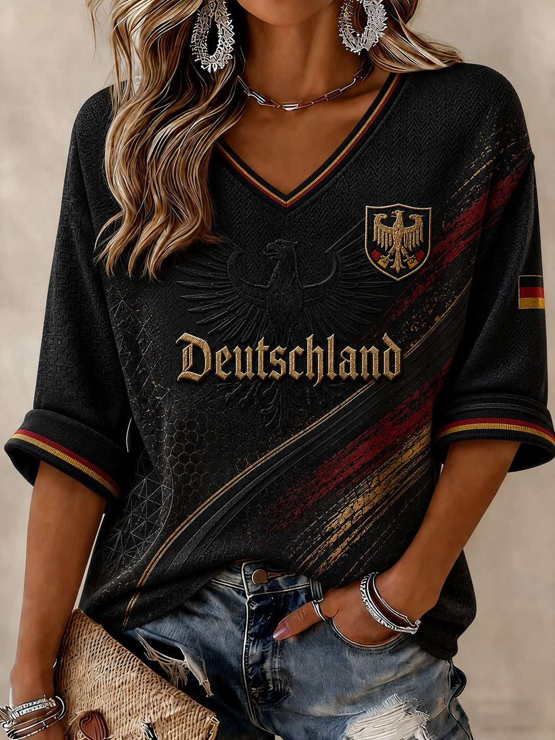 Women's Germany Football Printed Mid-length Sleeves V-neck T-shirt