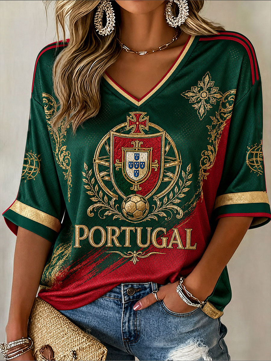 Women's Portugal Football Mid-length Sleeves V-Neck T-Shirt