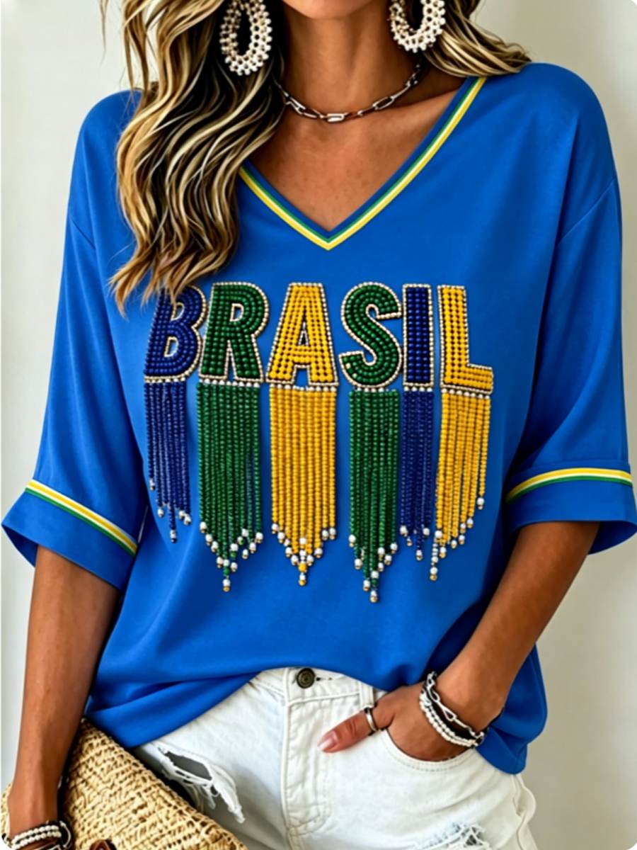Women's Mid-length Sleeves V-Neck T-Shirt