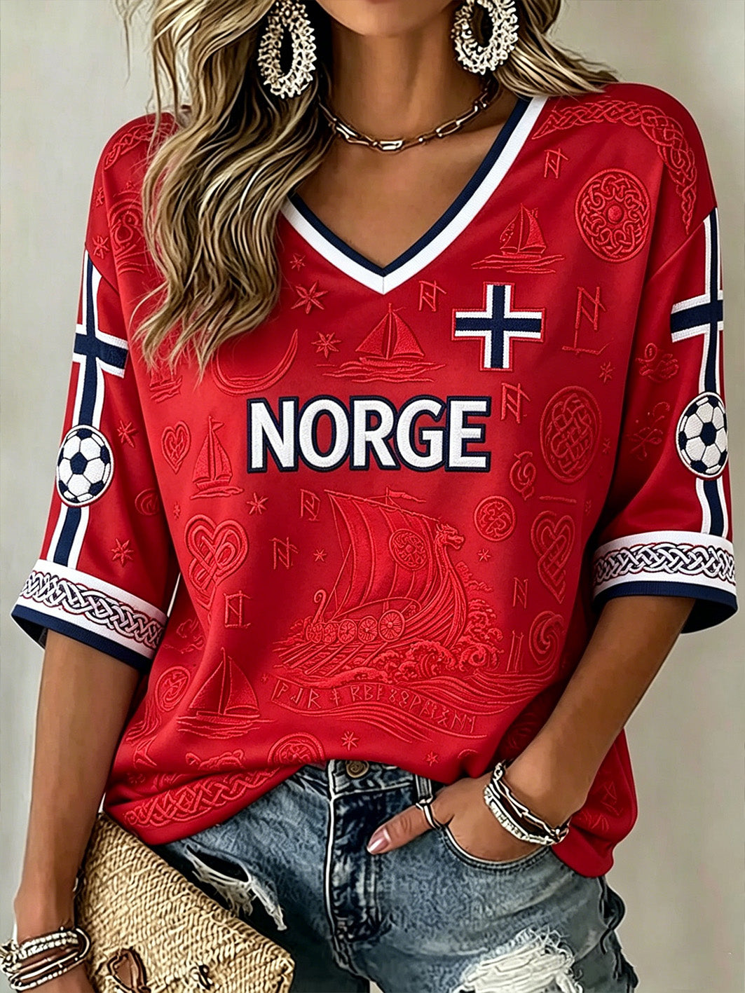 Women's Viking Element Color-blocked Design Casual Mid-length Sleeves V-Neck T-Shirt