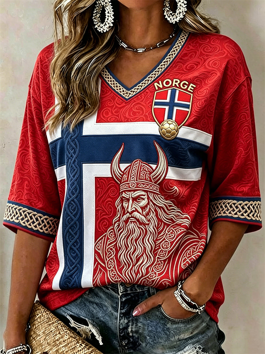 Women's Norway Football Viking Warrior Celtic Knot Flag Print Mid-length Sleeves V-Neck T-Shirt