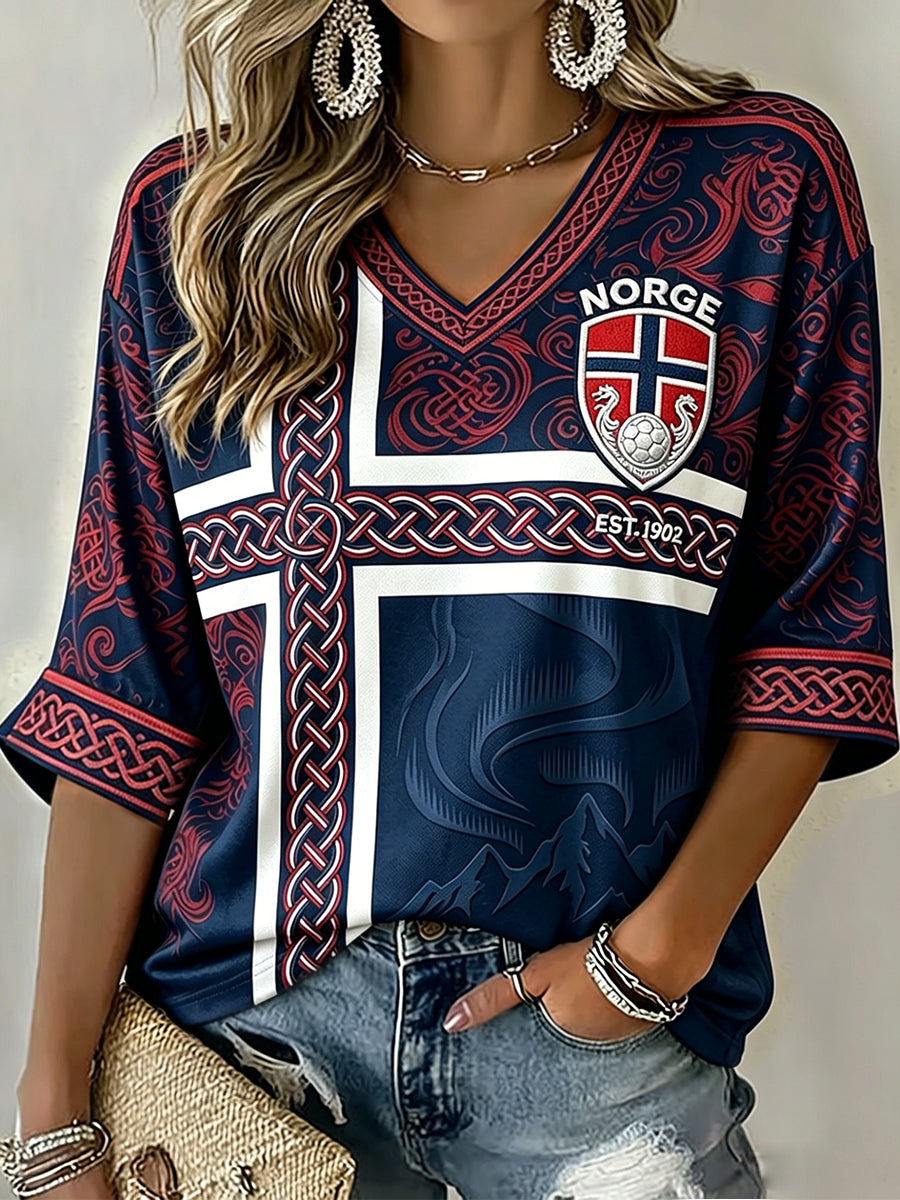Women's Norway Football Inspired Celtic Print Mid-length Sleeves V-Neck T-Shirt