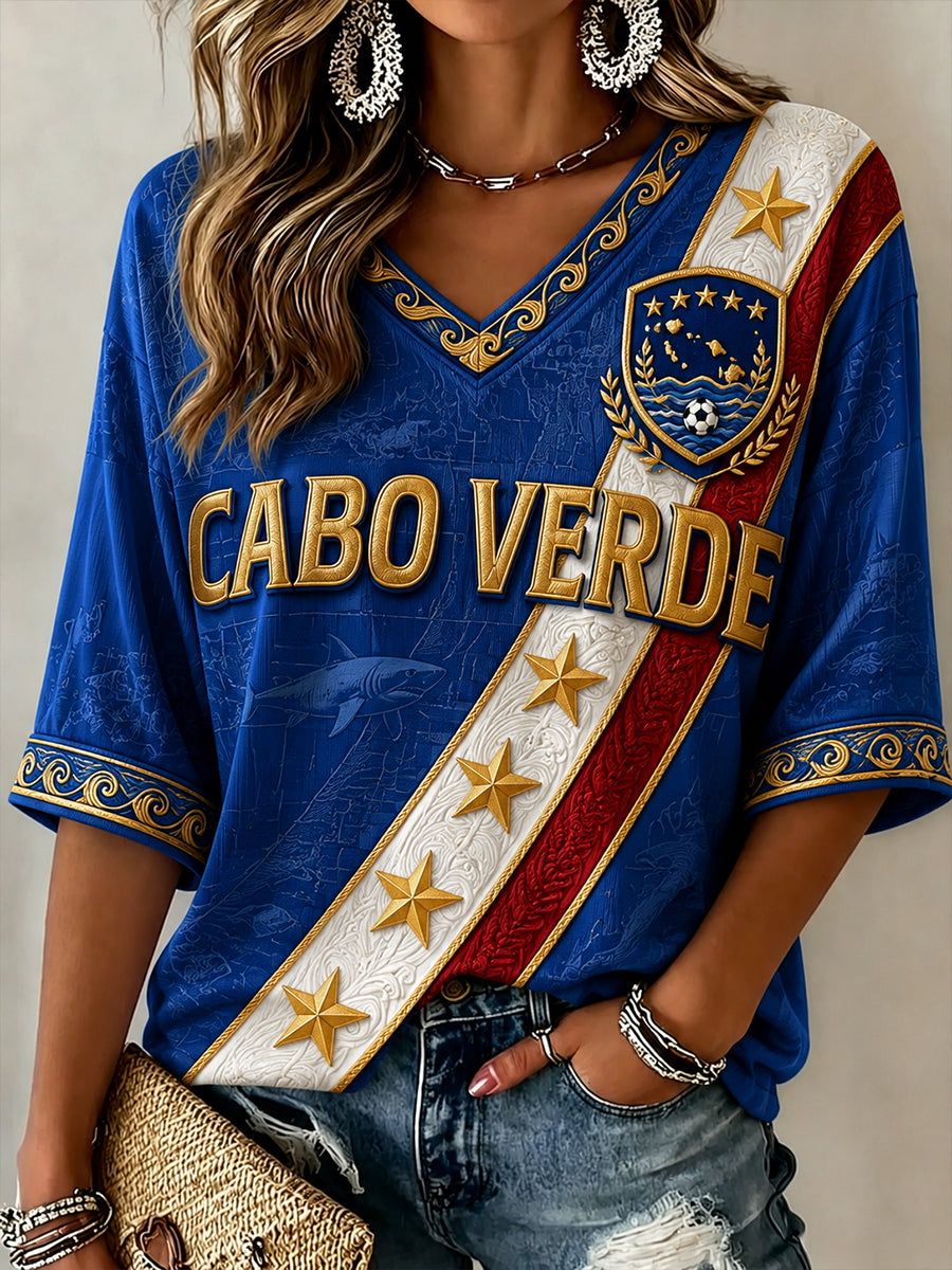 Women's Cape Verde Football Pattern Linen V-Neck Shirt