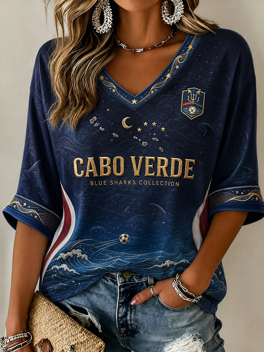 Women's Cape Verde Football Pattern Linen V-Neck Shirt