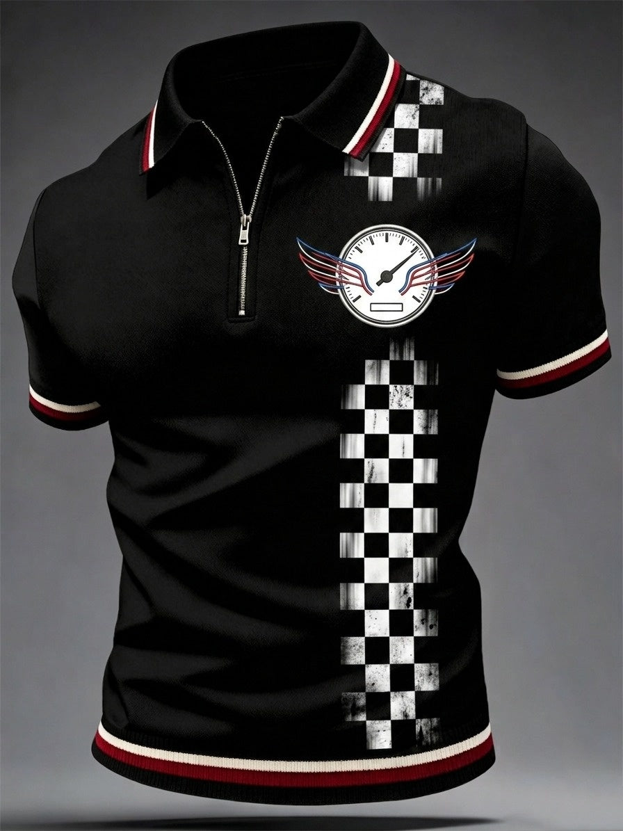 Men's Modern Culture Lover Speedometer Wings Printed Zipper Short-Sleeve T-Shirt