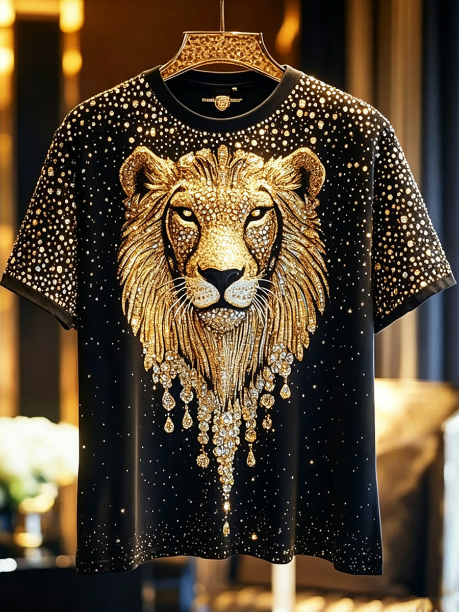 Men's Animal Lion Shining Printed Vintage Fashion Loose Short Sleeve T-Shirt