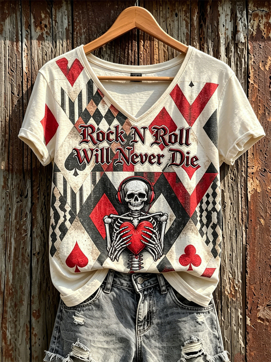 Women's Rock N Roll Will Never Die Rock Lover Skeleton Pokers Print short-sleeved T-shirt