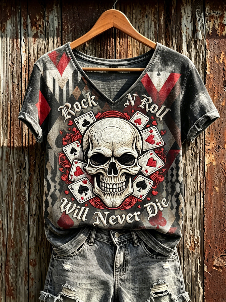 Women's Rock N Roll Will Never Die Skull Pokers Colorblock Print short-sleeved T-shirt