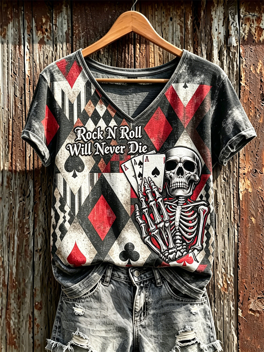 Women's Rock N Roll Will Never Die Skull Pokers Colorblock Print short-sleeved T-shirt